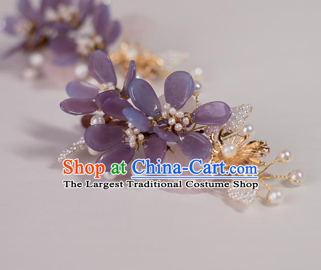 Chinese Classical Court Purple Flowers Hair Sticks Handmade Hanfu Hair Accessories Ancient Song Dynasty Princess Pearls Hairpins