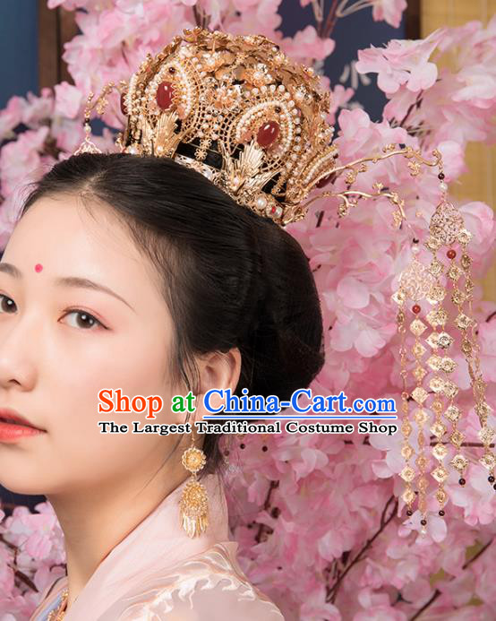 Chinese Classical Court Golden Hair Crown Handmade Hanfu Hair Accessories Ancient Song Dynasty Princess Agate Pearls Hairpins