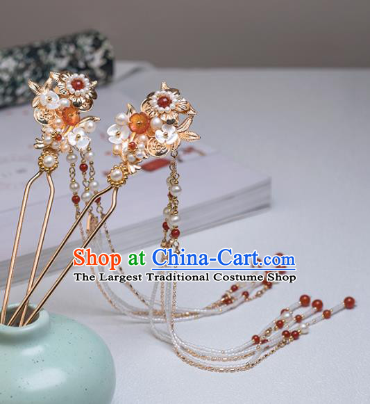Chinese Classical Court Beads Tassel Hair Stick Handmade Hanfu Hair Accessories Ancient Ming Dynasty Empress Golden Pearls Hairpins