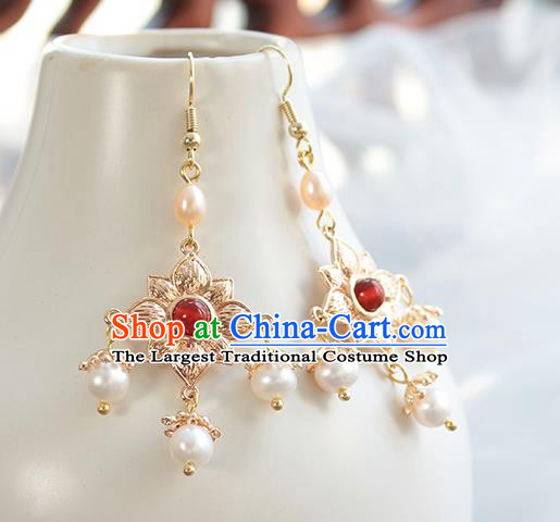 Chinese Handmade Golden Lotus Earrings Classical Jewelry Accessories Hanfu Ming Dynasty Princess Pearl Eardrop