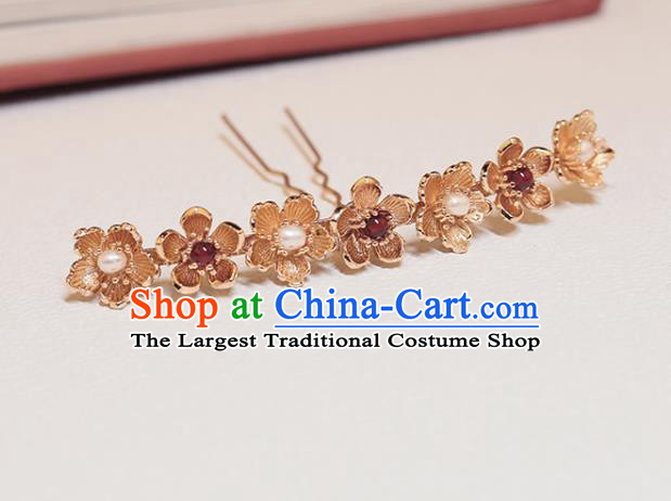Chinese Classical Court Pearls Hair Stick Handmade Hanfu Hair Accessories Ancient Ming Dynasty Princess Golden Plum Blossom Hairpins