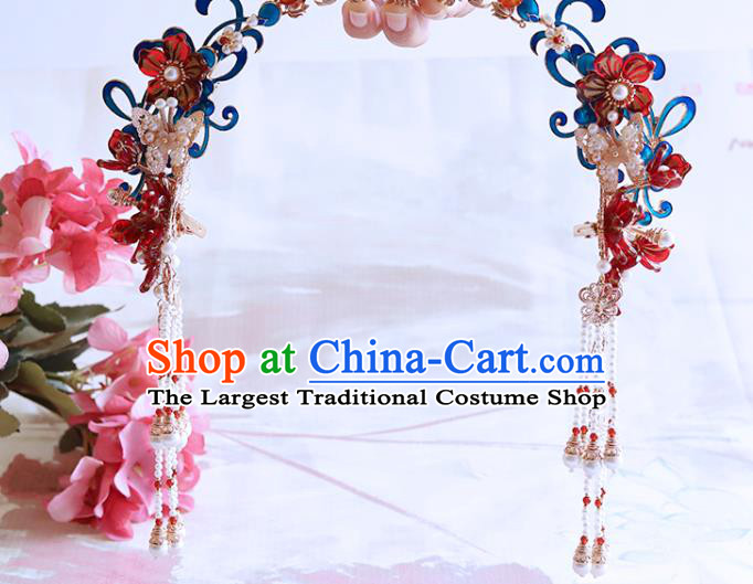 Chinese Classical Court Red Flowers Hair Crown Handmade Hanfu Hair Accessories Ancient Ming Dynasty Empress Pearls Tassel Hairpins Hair Clasp