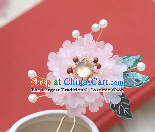Chinese Classical Palace Pink Peony Hair Stick Handmade Hanfu Hair Accessories Ancient Ming Dynasty Princess Chalcedony Hairpins
