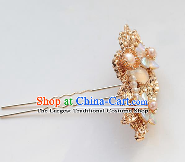 Chinese Classical Golden Hair Crown Handmade Hanfu Hair Accessories Ancient Ming Dynasty Empress Pearls Cloud Hairpins