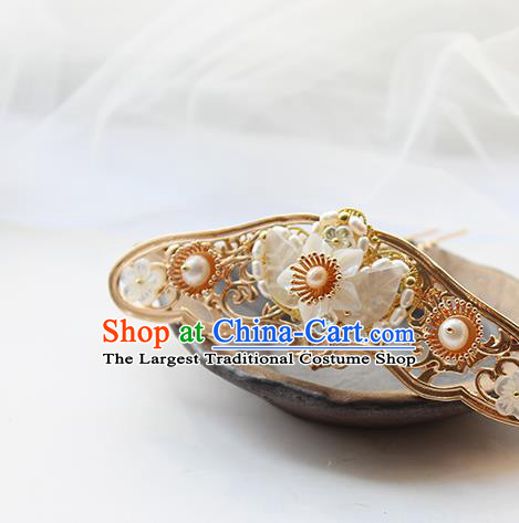 Chinese Classical Pearls Hair Crown Handmade Hanfu Hair Accessories Ancient Ming Dynasty Empress Shell Flower Golden Hairpins