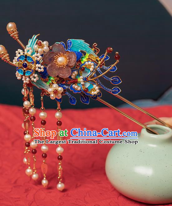 Chinese Classical Blueing Phoenix Hair Stick Tassel Step Shake Handmade Hanfu Hair Accessories Ancient Ming Dynasty Palace Plum Hairpins