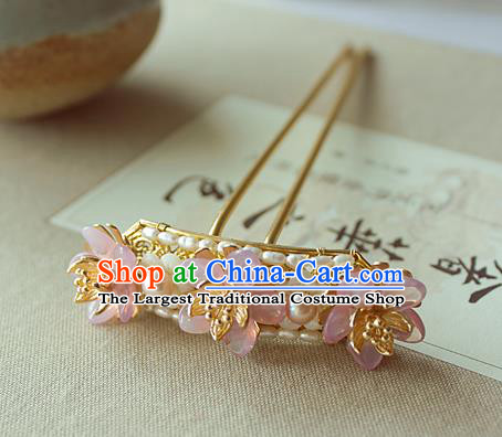 Chinese Classical Pearls Hair Stick Handmade Hanfu Hair Accessories Ancient Ming Dynasty Empress Pink Flowers Hairpins