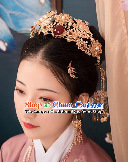 Chinese Classical Agate Golden Hair Crown Handmade Hanfu Hair Accessories Ancient Ming Dynasty Princess Hairpins