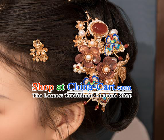 Chinese Classical Blueing Butterfly Hair Stick Handmade Hanfu Hair Accessories Ancient Ming Dynasty Princess Pearls Agate Hairpins