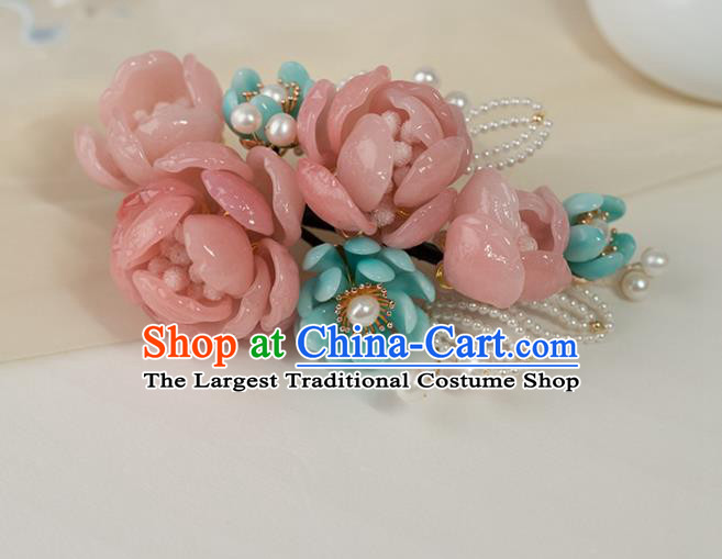 Chinese Classical Pink Flowers Hair Stick Handmade Hanfu Hair Accessories Ancient Ming Dynasty Hairpins