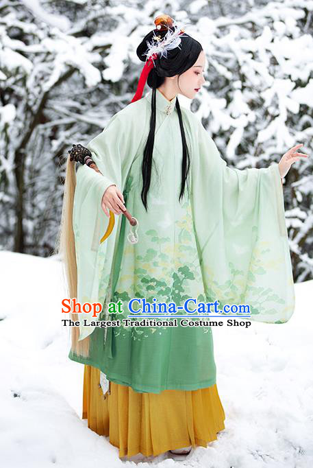 Chinese Ancient Taoist Nun Hanfu Apparels Traditional Ming Dynasty Noble Lady Green Gown and Skirt Historical Costumes Complete Set