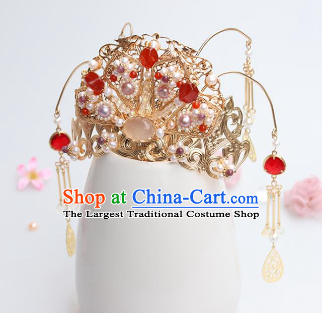 Chinese Classical Palace Pink Chalcedony Hair Crown Handmade Hanfu Hair Accessories Ancient Ming Dynasty Empress Red Crystal Pearls Hairpins