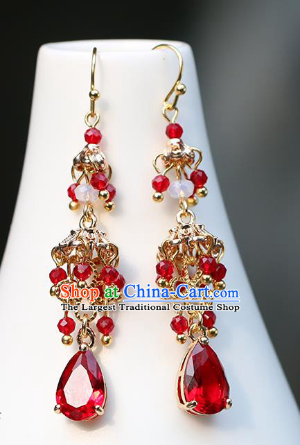 Chinese Handmade Red Beads Earrings Classical Ear Accessories Hanfu Ming Dynasty Princess Crystal Tassel Eardrop