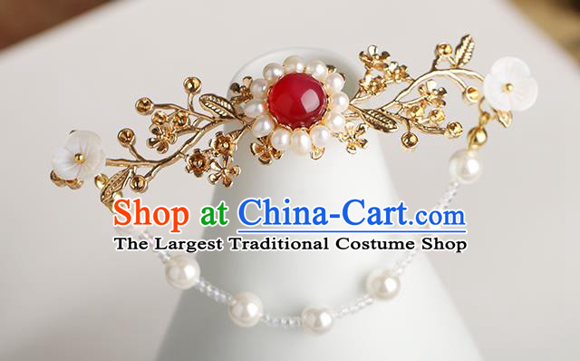 Chinese Classical Palace Red Chalcedony Hair Stick Handmade Hanfu Hair Accessories Ancient Ming Dynasty Empress Tassel Plum Hairpins
