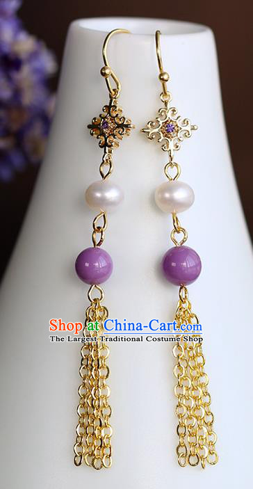 Chinese Handmade Golden Tassel Earrings Classical Ear Accessories Hanfu Qing Dynasty Princess Purple Bead Eardrop