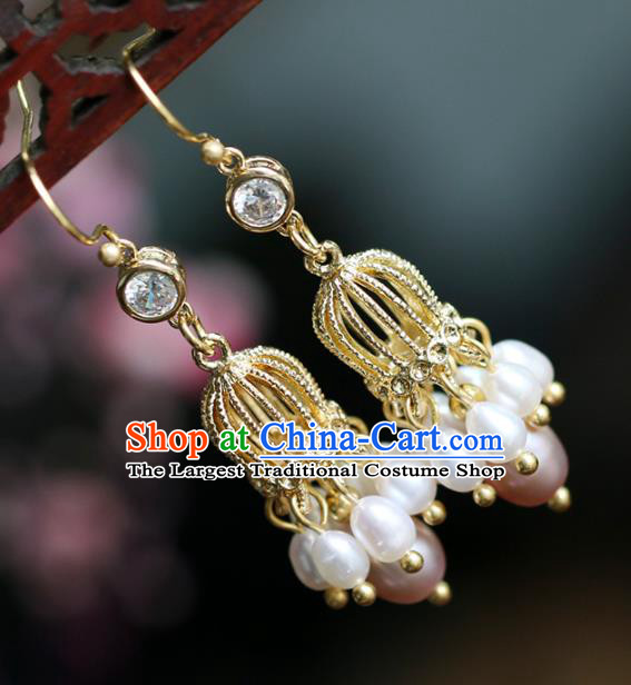 Chinese Handmade Golden Earrings Classical Ear Accessories Hanfu Ming Dynasty Princess Zircon Eardrop