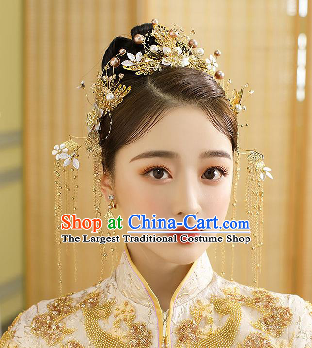 Chinese Classical Wedding Pearls Hair Crown Handmade Hair Accessories Ancient Bride Golden Tassel Hairpins Complete Set