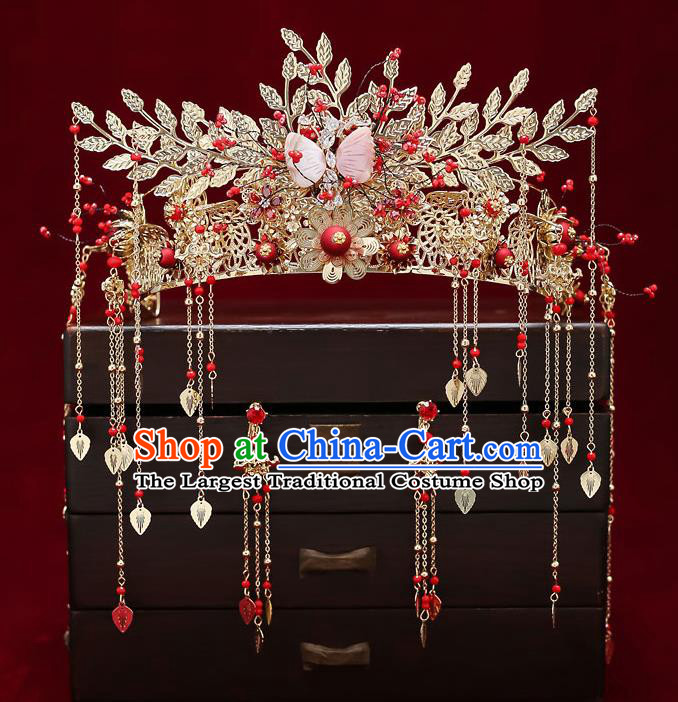 Chinese Classical Wedding Pink Shell Butterfly Hair Crown Handmade Hair Accessories Ancient Bride Tassel Hairpins Phoenix Coronet Complete Set