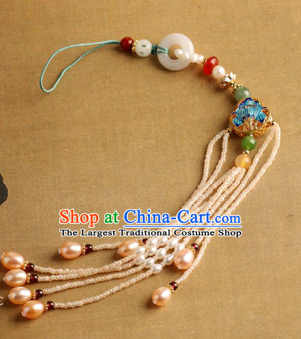 Chinese Handmade Classical Pearls Tassel Jewelry Accessories Ancient Ming Dynasty Hanfu Jade Blueing Brooch for Women