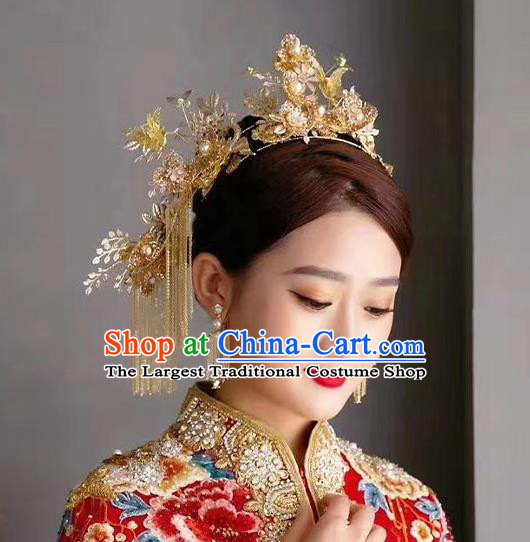 Chinese Handmade Golden Plum Phoenix Coronet Classical Wedding Hair Accessories Ancient Bride Hairpins Hair Crown Complete Set