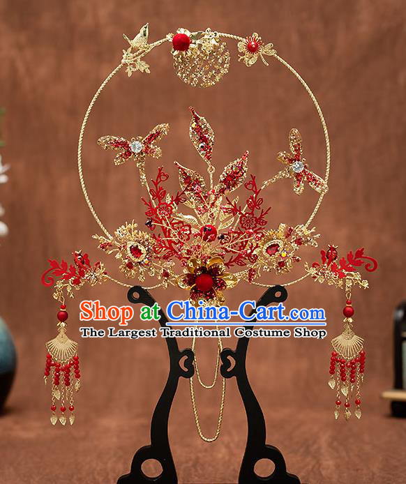 Chinese Handmade Golden Palace Fans Classical Fans Ancient Bride Props Red Dragonfly Fans