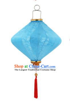 Chinese Traditional Blue Silk Palace Lanterns Handmade Hanging Lantern New Year Classical Diamond Lamp