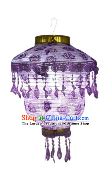Chinese Traditional Printing Rose Purple Cloth Palace Lanterns Handmade Hanging Lantern Classical Festive New Year Lace Lamp