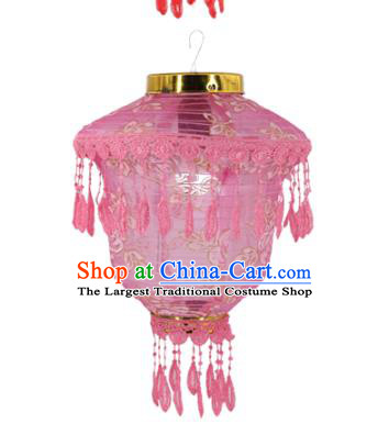 Chinese Traditional Printing Rose Pink Cloth Palace Lanterns Handmade Hanging Lantern Classical Festive New Year Lace Lamp