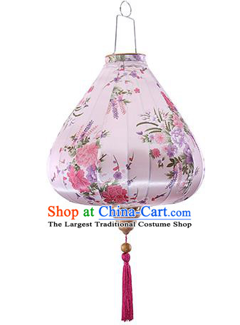 Chinese Traditional Printing Daffodil Beige Palace Lanterns Handmade Hanging Lantern Classical Festive New Year Satin Lamp