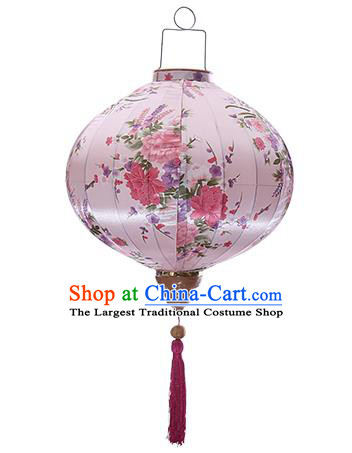 Chinese Handmade Printing Peony Plum Pink Satin Palace Lanterns Traditional New Year Lantern Classical Mid Autumn Festival Lamp