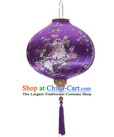 Chinese Handmade Printing Peony Purple Satin Palace Lanterns Traditional New Year Lantern Classical Mid Autumn Festival Lamp