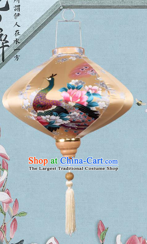 Handmade Chinese Printing Peacock Yellow Palace Lanterns Traditional New Year Lantern Classical Festival Satin Lamp