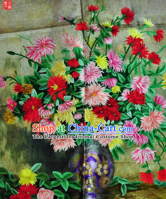 Traditional Chinese Embroidered Flowers Vase Decorative Painting Hand Full Embroidery Silk Wall Picture Craft