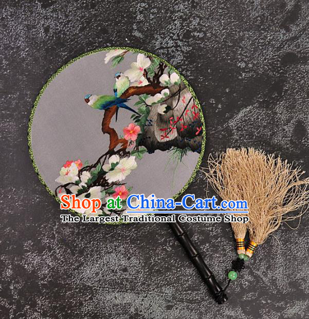 Chinese Traditional Embroidered Peach Blossom Palace Fans Craft Handmade Embroidery Birds Round Fan Silk Fan
