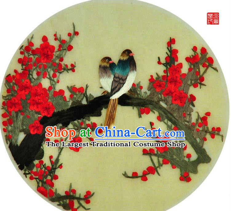 Traditional Chinese Embroidered Plum Flowers Bird Decorative Painting Hand Embroidery Silk Round Wall Picture Craft