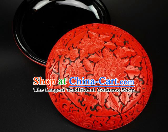 Traditional Chinese Carving Peony Flowers Lacquerware Hand Red Rouge Box Craft