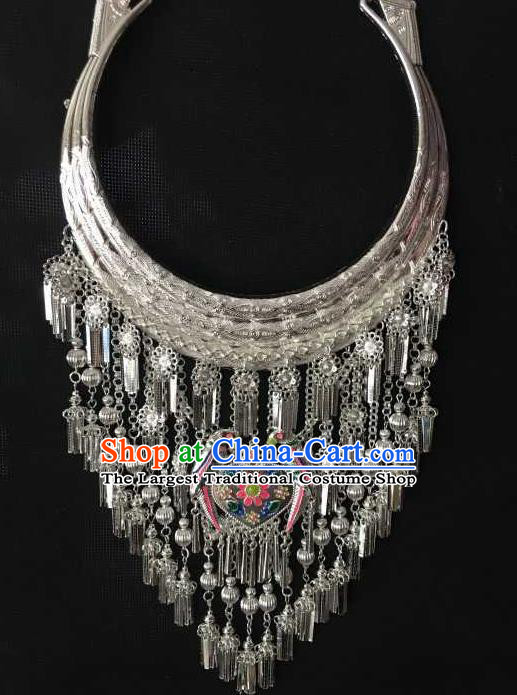 Chinese Handmade Silver Longevity Lock Yunnan Miao Ethnic Bride Jewelry Accessories Blueing Birds Necklace