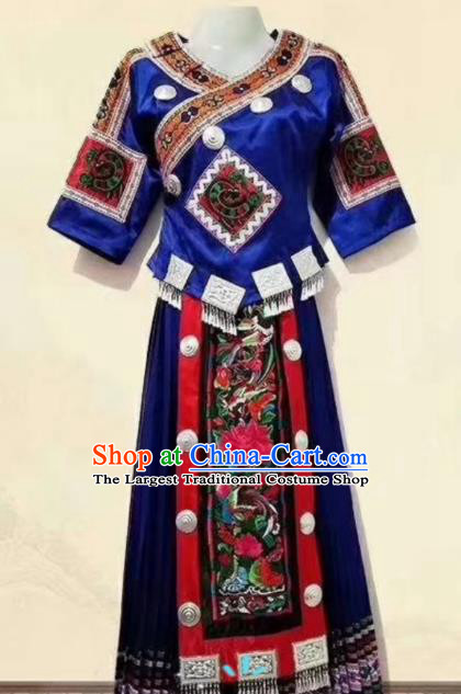 China Embroidered Royalblue Blouse and Skirt Ethnic Clothing Traditional Hmong Women Apparels Miao Nationality Minority Folk Dance Costumes