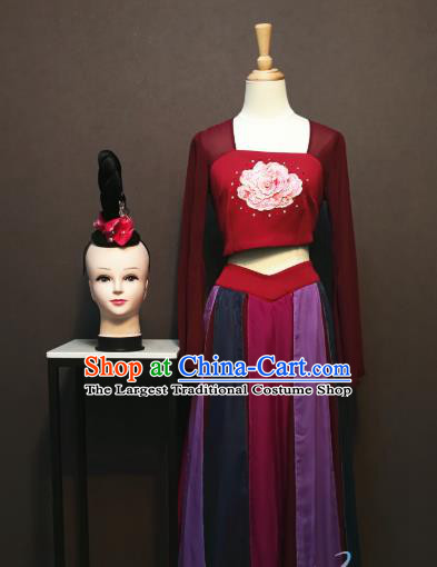 China Spring Festival Gala Wine Red Blouse and Skirt Outfits Women Flying Dance Dress Classical Dance Costumes and Headwear