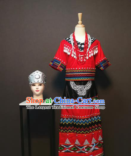 China Traditional Wa Nationality Red Blouse and Skirt Outfits Ethnic Folk Dance Clothing Yun Minority Festival Costumes with Headdress