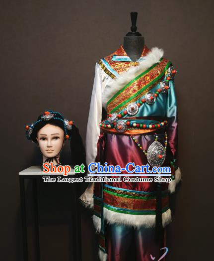 Custom China Traditional Zang Ethnic Men Clothing Minority Folk Dance Costumes Tibetan Nationality Water Sleeve Robe and Headwear