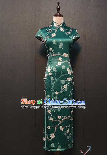Republic of China Plum Blossom Pattern Green Silk Cheongsam Drama Performance Classical Dance Clothing Shanghai Qipao Dress