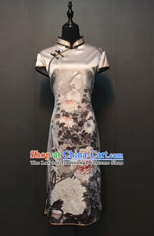China Custom Shanghai Cheongsam Republic of China Traditional Mother Costume Classical Printing Peony Grey Silk Qipao Dress