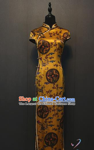 Republic of China Traditional Pattern Yellow Silk Cheongsam Shanghai Women Classical Qipao Dress Custom Clothing