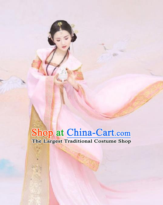 Chinese Ancient Princess Costumes Traditional Drama Apparels Tang Dynasty Empress Pink Hanfu Dress and Hair Accessories