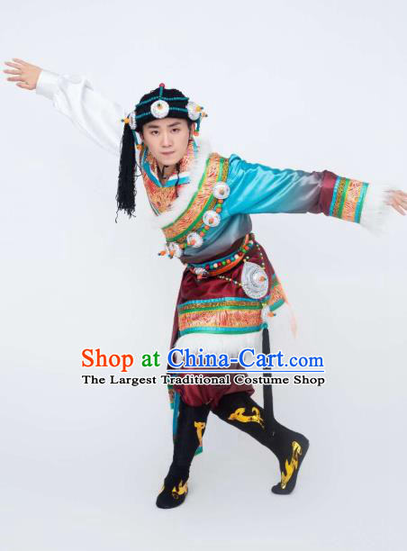 Custom China Zang Ethnic Folk Dance Clothing Traditional Minority Stage Show Costumes Tibetan Nationality Men Outfits and Headwear