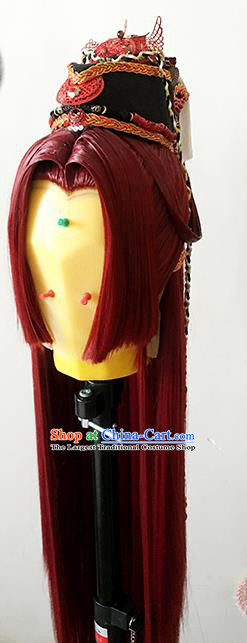 China Ancient Brown Wigs Handmade BJD Swordsman Wig Sheath Cosplay Game Character Hair Accessories