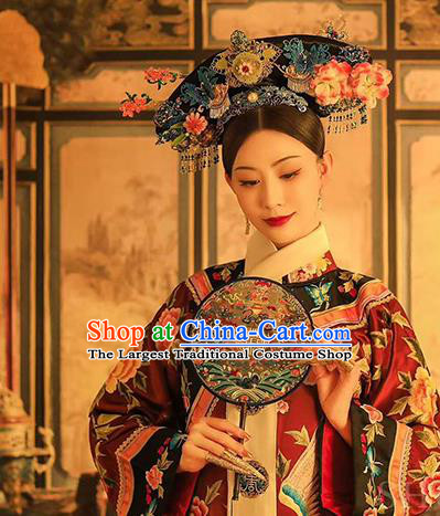 China Ancient Clothing Traditional Qing Dynasty Court Empress Costumes Royal Queen Embroidered Red Dress and Headpieces