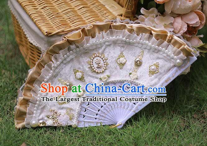 Vintage Dowager White Velvet Folding Fans Handmade Classical Pearls Fan