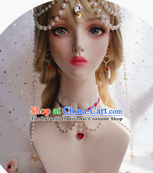 Top Renaissance Red Silk Necklet Europe Court Princess Necklace Halloween Cosplay Stage Show Lace Accessories